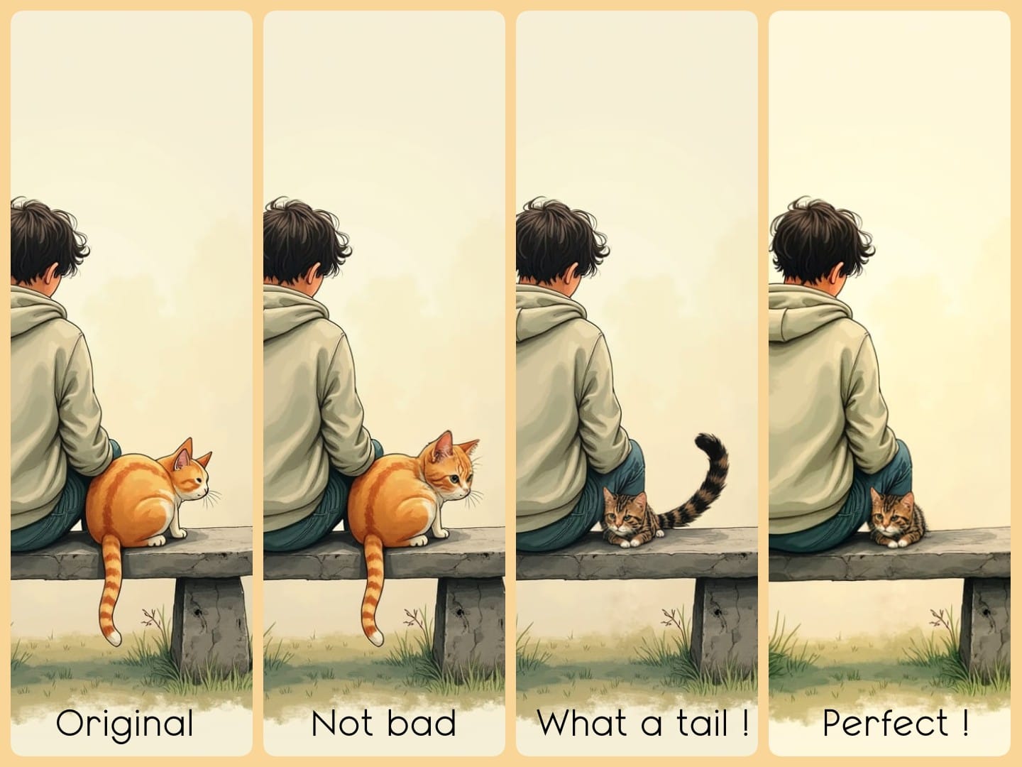 Collage showing four versions of an illustration of a boy sitting on a bench with a cat beside him. The first version, labeled 'Original,' shows an orange cat sitting comfortably. The next version, labeled 'Not bad,' shows a slightly different pose of the cat. The third version, labeled 'What a tail!,' features a cat with an unusually large, bushy tail. The final version, labeled 'Perfect!,' shows a small, well-integrated cat curled up next to the boy. The sequence highlights the progression of adjustments made to achieve the best visual composition.