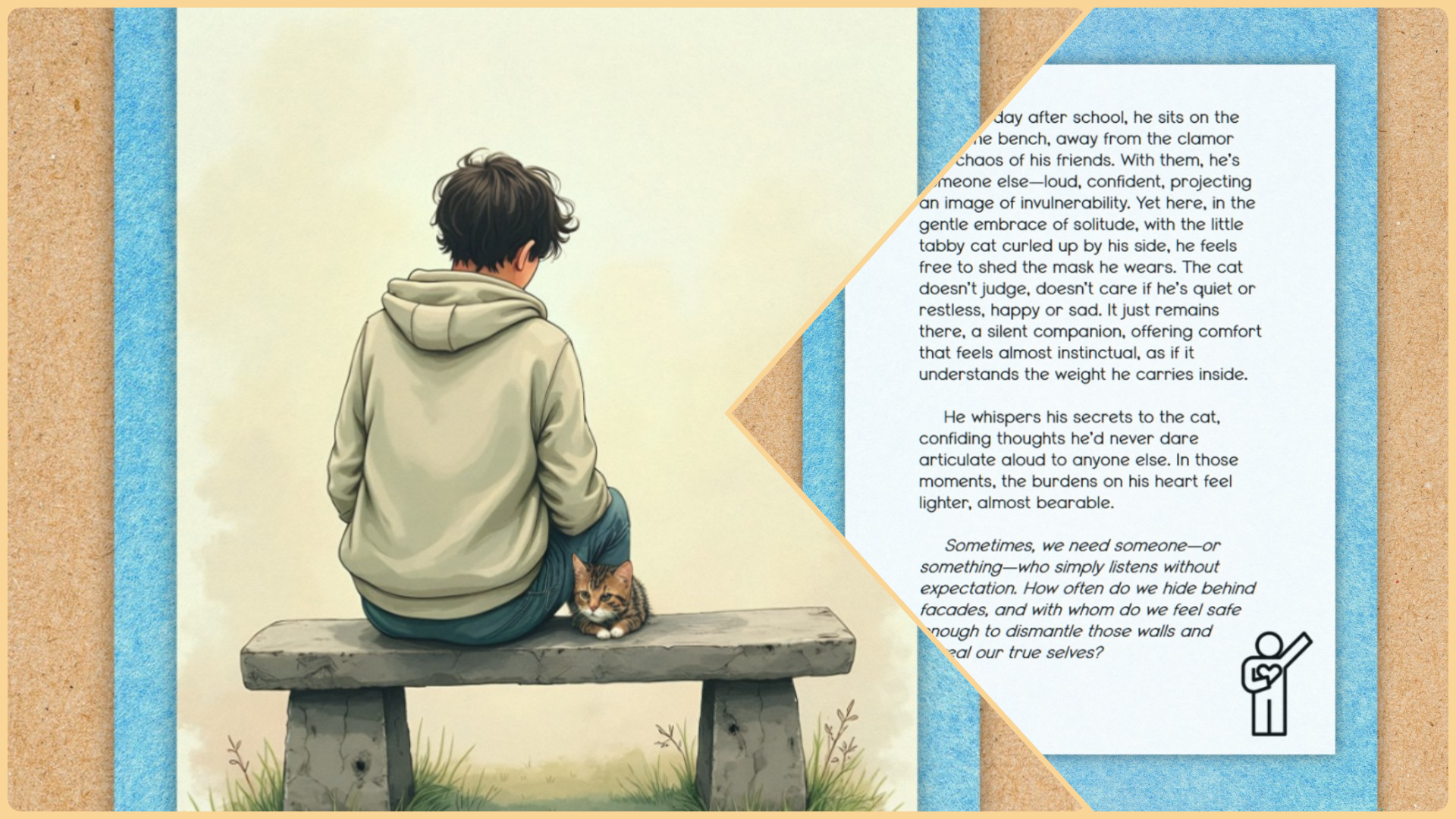 Art & Script piece showing a young boy sitting on a bench with a small cat beside him, both looking away, evoking a sense of calm solitude. The right side of the image features a narrative text. It describes how the boy finds comfort in the presence of the cat, a silent companion that listens without judgment, offering him a safe space to express his true emotions. The text concludes with a reflection on the importance of finding someone—or something—that allows us to reveal our authentic selves without fear. The layout has a textured blue and cork background, with a small icon of a person holding a heart to signify emotional connection.