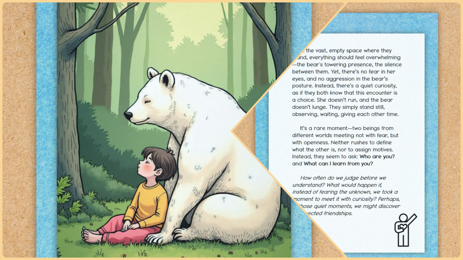 Art & Script piece depicting a young girl sitting in a forest next to a large, gentle bear. The girl looks upward with a calm expression, while the bear sits quietly beside her, conveying a sense of peaceful coexistence. On the right side of the image, a narrative text describes their encounter, emphasizing the quiet curiosity and openness between two beings from different worlds. The text reflects on themes of understanding, fearlessness, and the beauty of unexpected friendships. The background features a textured cork and blue paper design, and a small icon of a person holding a heart symbolizes emotional connection.