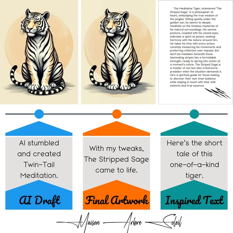 Meditative tiger symbolizing the creative journey from AI art to meaningful creations reflecting growth and identity.