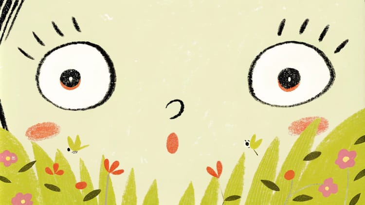 A stylized face expressing wonder, surrounded by colorful flowers and insects, evoking innocence and playful curiosity.