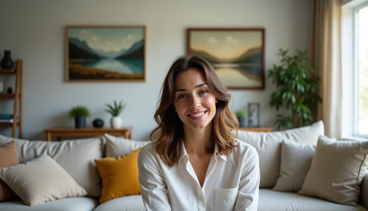 Woman smiling in a cozy living room with calming artwork on the walls.