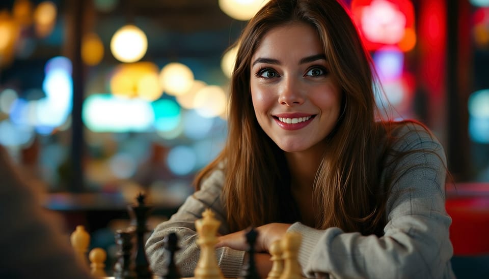 Young woman smiling after a surprising chess win, capturing beginner's luck in a lively café.