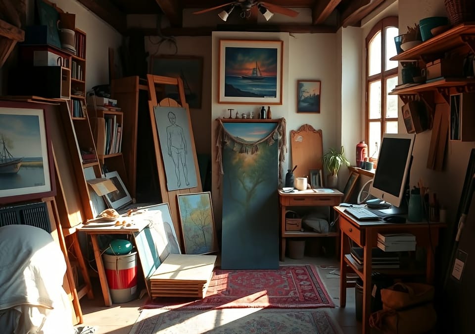 Sunlit artist's studio with easels, paintings, and sketches, reflecting the creative journey of Maison Arbre Soleil.