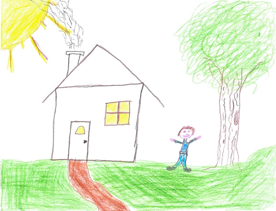 Hand-drawn scene of a house, tree, and sun, showcasing my artistic skills and need for AI to enhance my creativity.