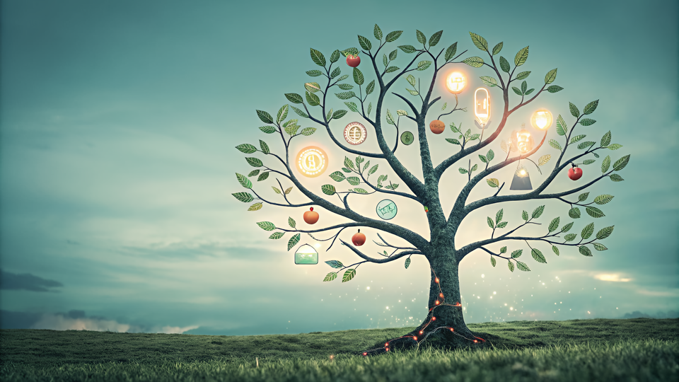 Stylized tree symbolizing creativity, with glowing icons representing digital tools on its branches under a serene sky.