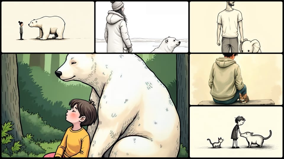 Collage of artworks showing human-animal interactions, highlighting improbable friendships in different scenes and styles.